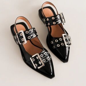 Patent Black Pointed Slingback Flats with Buckle Detail